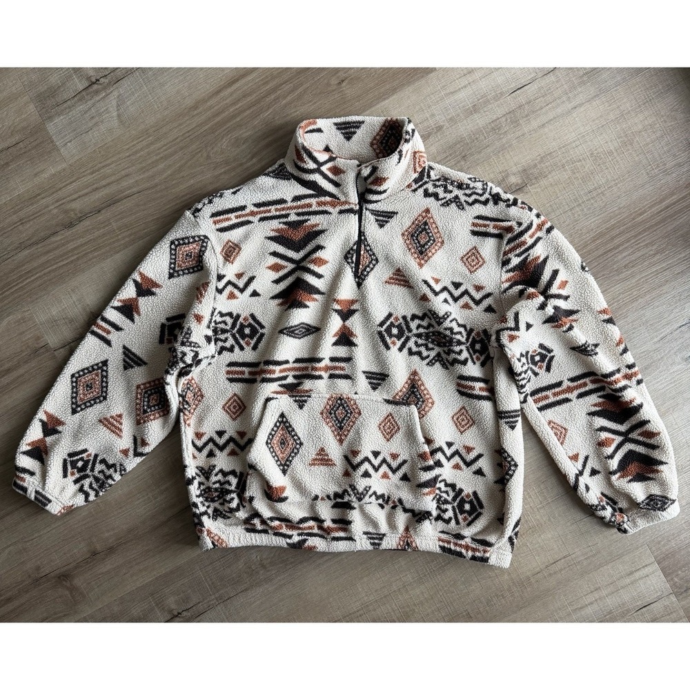 Aztec Pattern Fleece Pullover Sweater Ivory Brown Black XXL Women